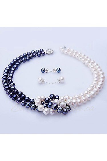 White & Blue Freshwater Pearl Necklace & Earring Set