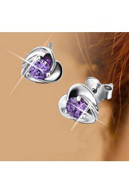 S925 Fine Silver Purple Crystal Heart Shape Stud Earrings