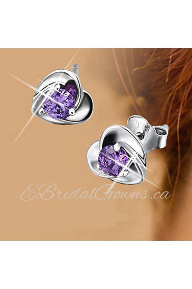 S925 Fine Silver Purple Crystal Heart Shape Stud Earrings