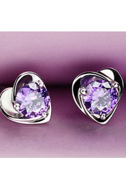 S925 Fine Silver Purple Crystal Heart Shape Stud Earrings