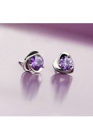 S925 Fine Silver Purple Crystal Heart Shape Stud Earrings