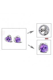 S925 Fine Silver Purple Crystal Heart Shape Stud Earrings