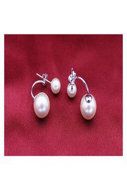 S925 Fine Silver White Pearl Ball Shape Stud Earrings (Width:8mm)