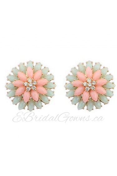 Fashion New Jewelry For Women Korean Style Pink And Light Green Double Rose Flower Rhinestone Stud Earrings