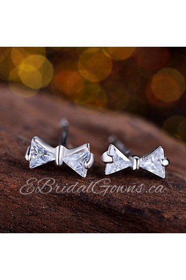 High Quality 925 Sterling Silver Bowknot Stud Earrings Round Rhinestone Zircon For Vintage Women Fashion Crystal Jewelry