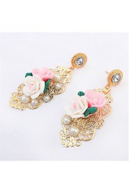 Fashion Design Charm Crystal Statement Pink White Flower Hollow Dangle Ear Studs Flossy Earrings Gem Jewelry