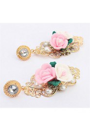 Fashion Design Charm Crystal Statement Pink White Flower Hollow Dangle Ear Studs Flossy Earrings Gem Jewelry