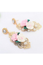 Fashion Design Charm Crystal Statement Pink White Flower Hollow Dangle Ear Studs Flossy Earrings Gem Jewelry