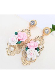 Fashion Design Charm Crystal Statement Pink White Flower Hollow Dangle Ear Studs Flossy Earrings Gem Jewelry