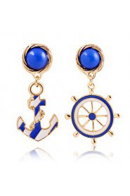 Fashion Texture Blue Navy Wind Anchor Exaggerated Personality Asymmetric Earrings