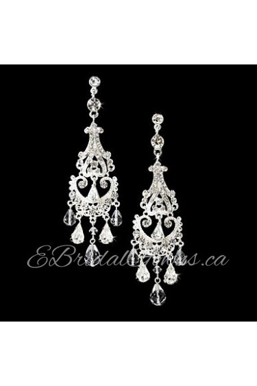 Vintage Women's Long Drop Round Earrings Diamond Silver Earring For Wedding Bridal