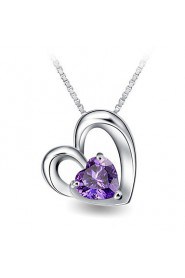 Romantic Women Wedding Jewelry Real Austrian Rhinestone Crystal Double Heart Pendant Amethyst Necklace Silver Link Chain