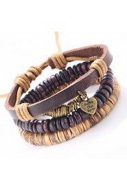 Punk Adjustable Retro Heart Pendant Waxed Cord Hand-woven Leather Bracelet 3 pairs