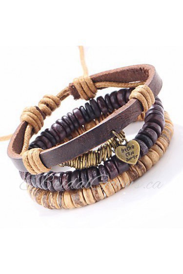 Punk Adjustable Retro Heart Pendant Waxed Cord Hand-woven Leather Bracelet 3 pairs