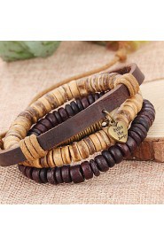 Punk Adjustable Retro Heart Pendant Waxed Cord Hand-woven Leather Bracelet 3 pairs