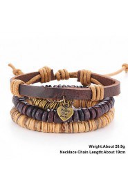 Punk Adjustable Retro Heart Pendant Waxed Cord Hand-woven Leather Bracelet 3 pairs