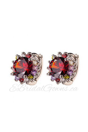 Red Gem AZircon Silver Hoop Stud Earrings