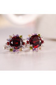 Red Gem AZircon Silver Hoop Stud Earrings