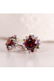 Red Gem AZircon Silver Hoop Stud Earrings