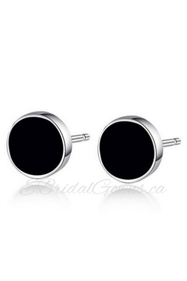 S925 Fine Silver Black Round Stud Earrings for Men