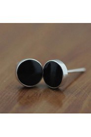 S925 Fine Silver Black Round Stud Earrings for Men