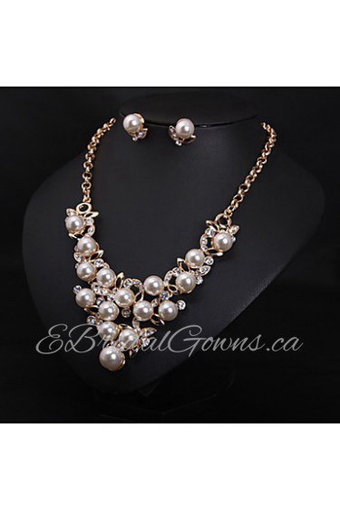 Women's European Style Luxury Fashion Imitation Pearl Rhinestone Wedding Banquet Bridal Gift Necklace Earring Set