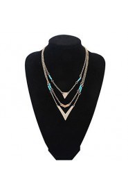 Multi-Layers 3 Layer Necklaces Round Blue Beads and Gold Alloy Triangle Pendant Long Necklace for Women