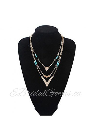 Multi-Layers 3 Layer Necklaces Round Blue Beads and Gold Alloy Triangle Pendant Long Necklace for Women