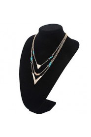 Multi-Layers 3 Layer Necklaces Round Blue Beads and Gold Alloy Triangle Pendant Long Necklace for Women