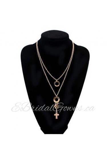 Fashion Jewelry Long Tassle Necklace Double Circle and Cross Gold Alloy Necklace For Lady Women