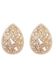 Europe Bohemian Hollow Flower Water Drops Shaped Stud Earrings with White Rhinestone