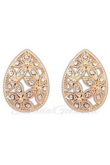 Europe Bohemian Hollow Flower Water Drops Shaped Stud Earrings with White Rhinestone