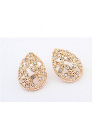 Europe Bohemian Hollow Flower Water Drops Shaped Stud Earrings with White Rhinestone