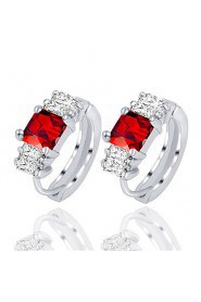 Fine Silver Square Red Gem Crystal Popular Stud Earrings