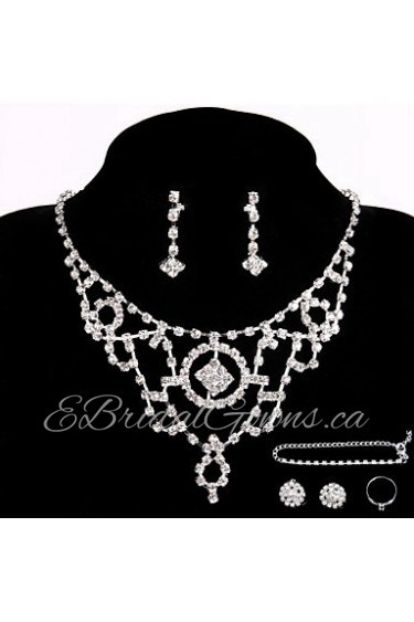 Wedding Necklace Jewelry Sets Party Rhinestone Ring Bracelet Gift with 2 Pairs Earrings for Wedding Dress