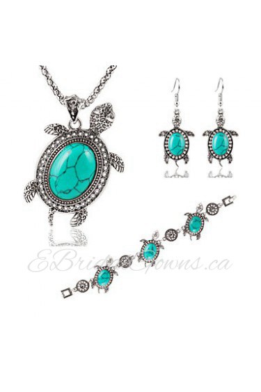 Fashion Metal Little Turtle Turquoise Silver Alloy Pendant Necklace + Earrings + Bracelet Three-piece