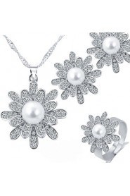 Snow Pearl Shiny Silver Rhinestone Pendant Necklace + Adjustable Ring +Bridal Accessories Earrings Jewelry Sets