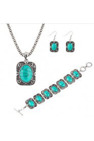 National Wind Turquoise Onyx Jewelry Sets Silver Alloy Pendant Necklace + Earrings + Bracelet Three-piece