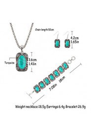 National Wind Turquoise Onyx Jewelry Sets Silver Alloy Pendant Necklace + Earrings + Bracelet Three-piece