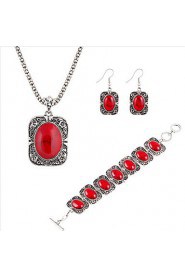 National Wind Turquoise Onyx Jewelry Sets Silver Alloy Pendant Necklace + Earrings + Bracelet Three-piece