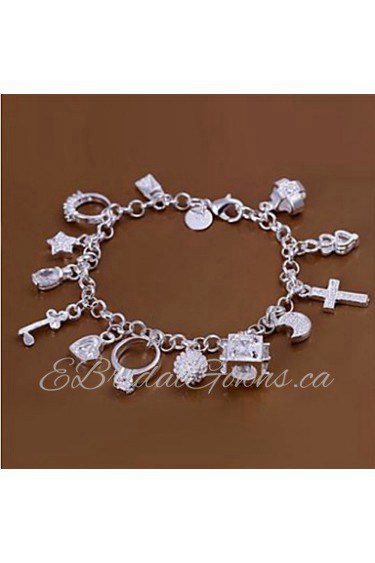 Fashion Brass Silver Plated 13 Pendants Charm Bracelet