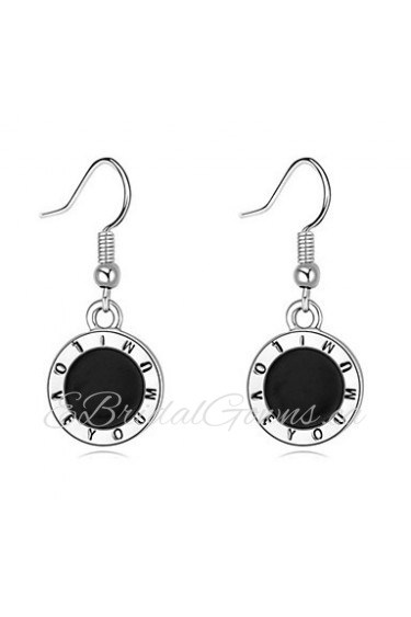 Women's Simple Silver Alloy Black Lettering Round Earrings