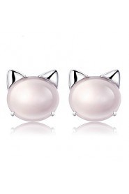 925 Sterling Silver Cute Cat Natural Opal Pink Crystal Earrings