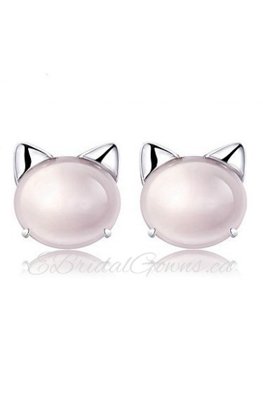 925 Sterling Silver Cute Cat Natural Opal Pink Crystal Earrings