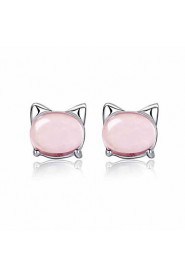 925 Sterling Silver Cute Cat Natural Opal Pink Crystal Earrings