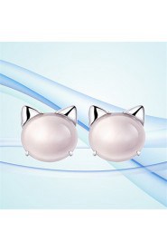 925 Sterling Silver Cute Cat Natural Opal Pink Crystal Earrings