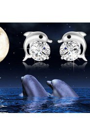 S925 Fine Silver Dolphin Shape AZircon Stud Earrings (Width:9mm)