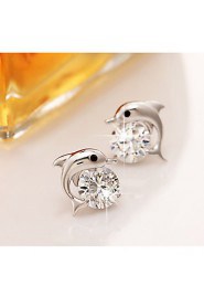 S925 Fine Silver Dolphin Shape AZircon Stud Earrings (Width:9mm)