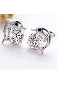 S925 Fine Silver Dolphin Shape AZircon Stud Earrings (Width:9mm)