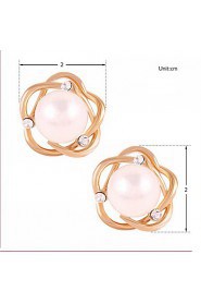 Fashion Elegant Round Pearl Hollow Flower Gold Stud Earrings